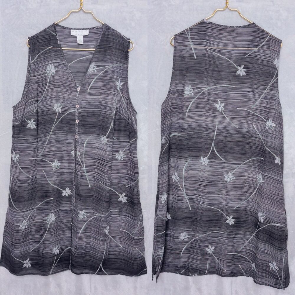Vintage Chiffon Gray Floral Sleeveless Longline Cardigan Sz 1X Layer Lagenlook